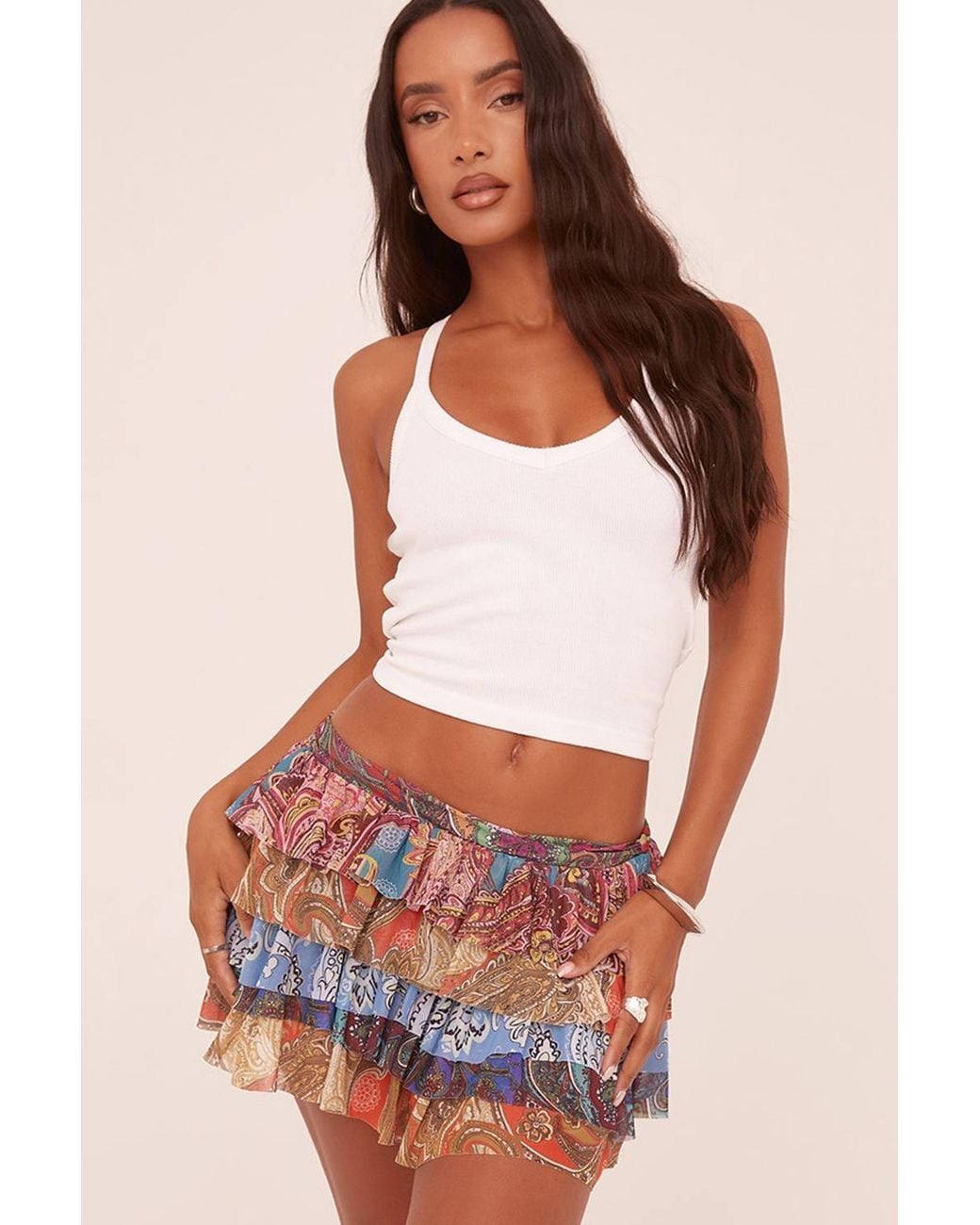 EGO White Tiered Paisley Low Rise Mini Skirt