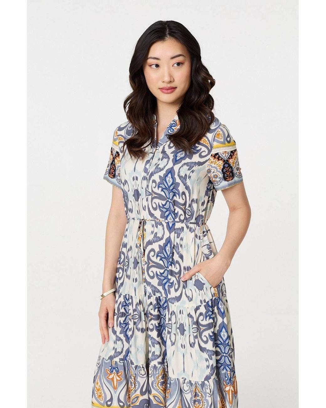 Izabel London Gray Printed Short Puff Sleeve Midi Dress