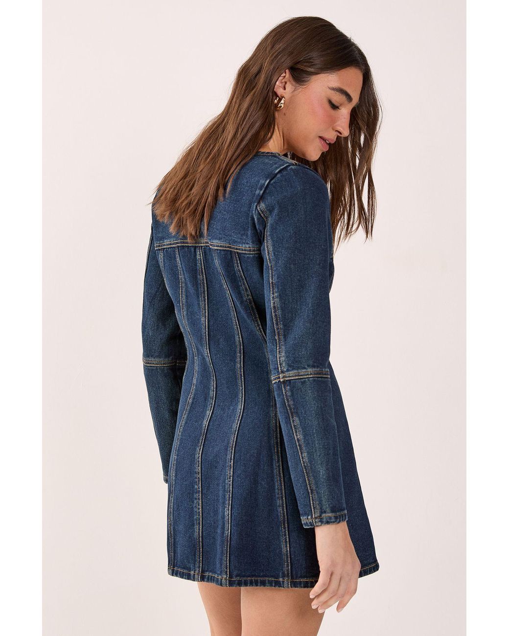 Nasty Gal Green Button Through Long Sleeve Denim Corset Mini Dress