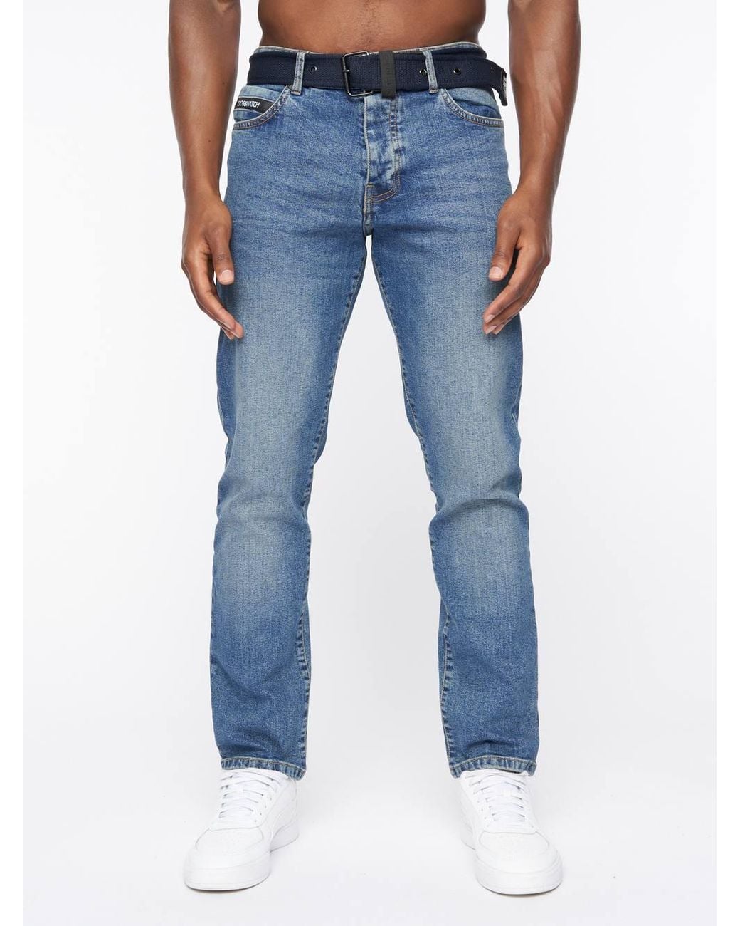 Crosshatch Blue Princed Classic 5-Pocket Cotton Stretch Jeans With Branded Belt for men
