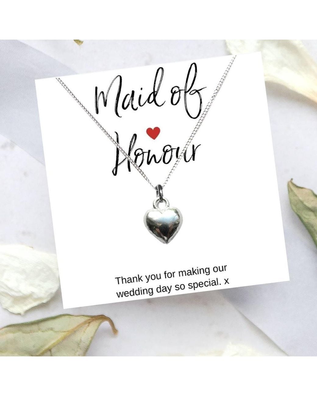Aye Do Gifts White Maid Of Honour Heart Necklace & Thank You Gift Card