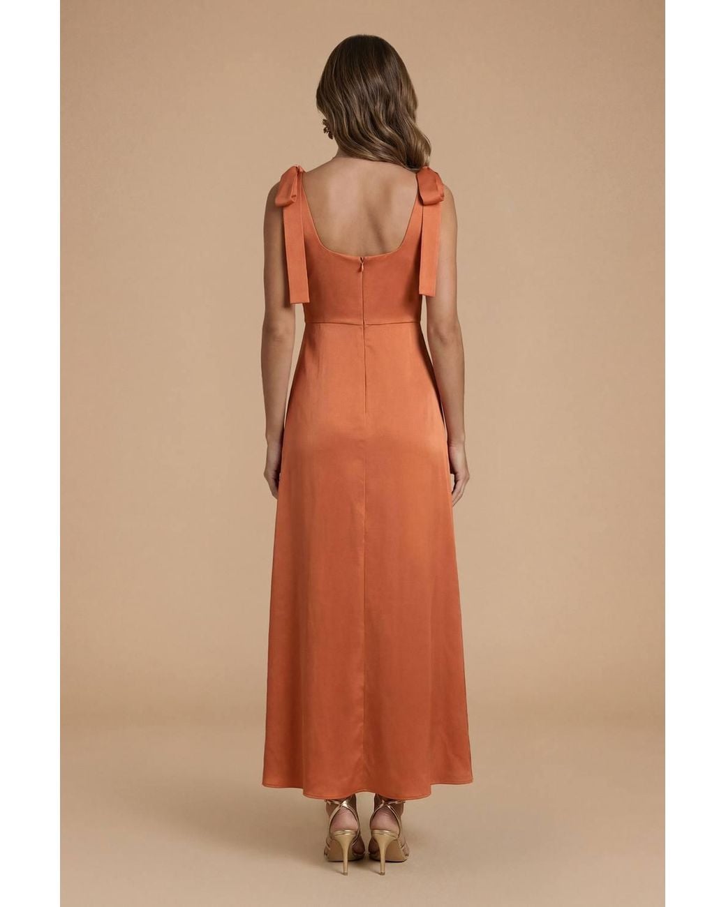Oasis Brown Satin Tie Shoulder Midi Bridesmaid Dress