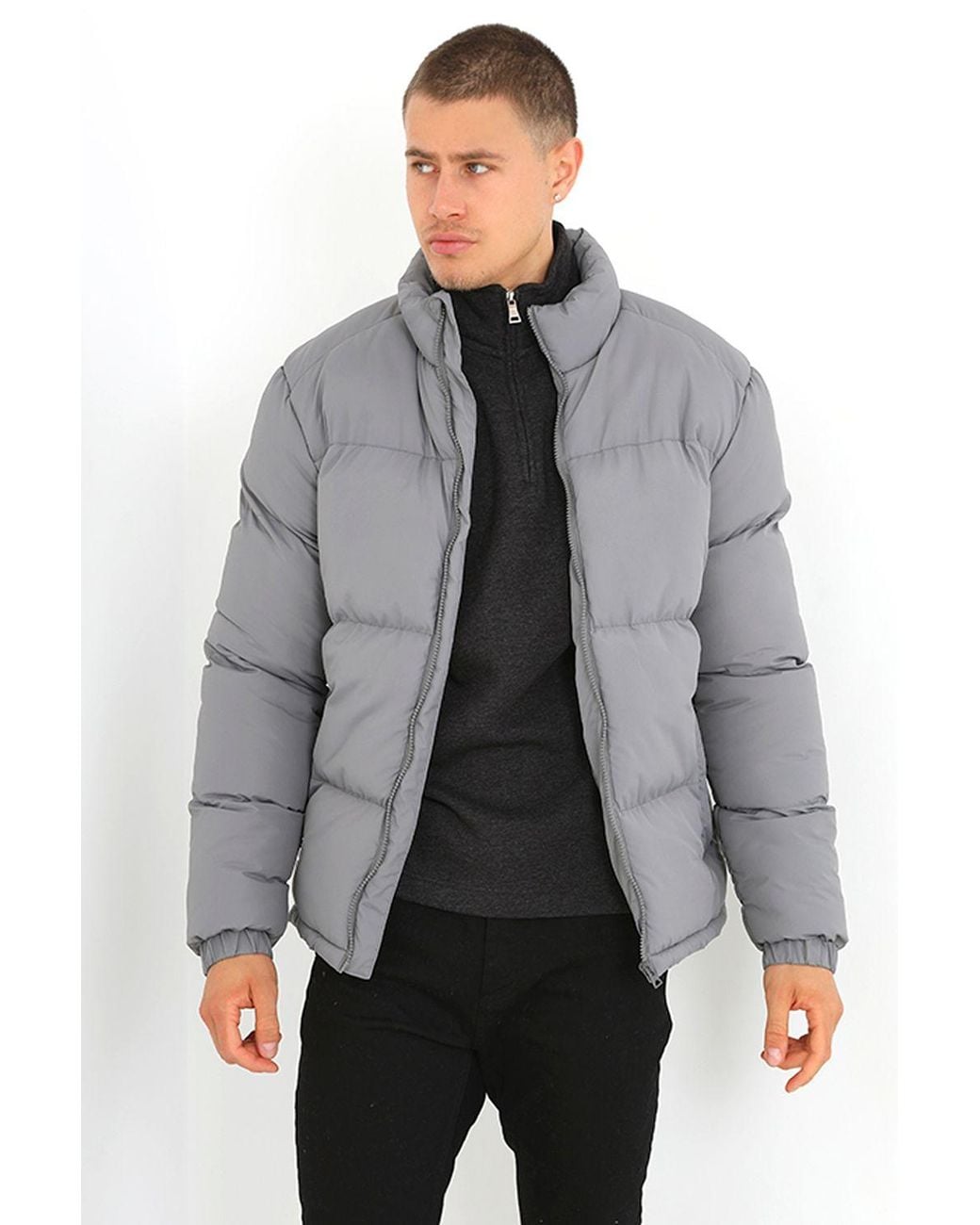 Brave Soul Gray Funnel Neck Padded Jacket for men