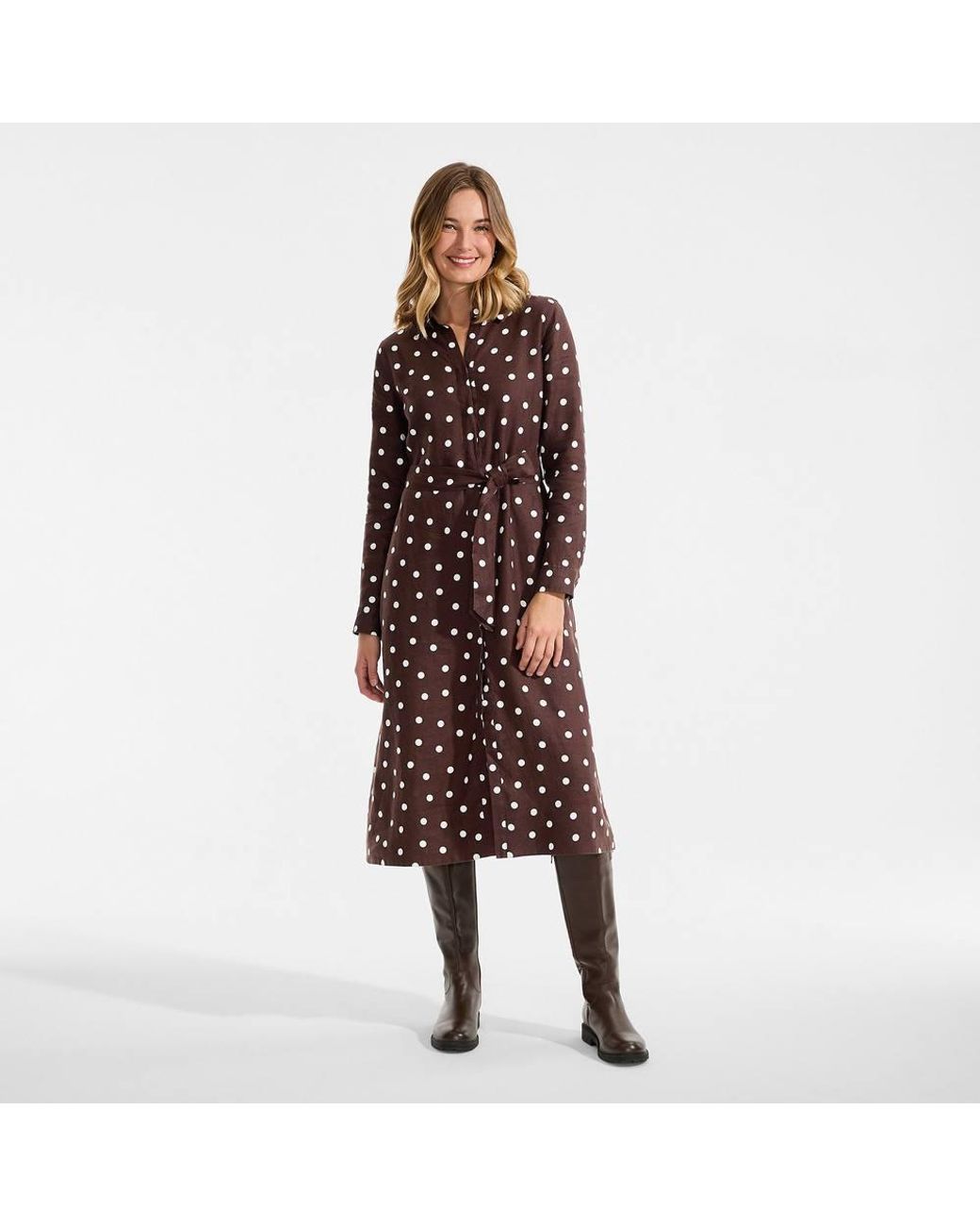 Lands' End Brown Petite Premium Pure Linen Midi Shirt Dress