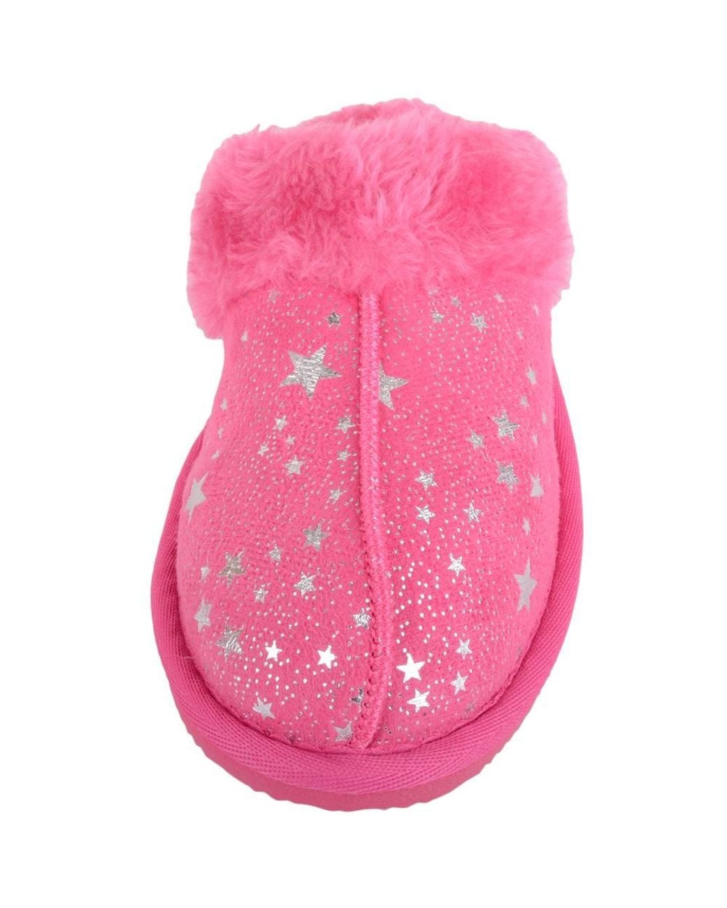 Absolute Footwear Pink Childrens Slip On Open Back Faux Fur Mule Slippers With Star Design