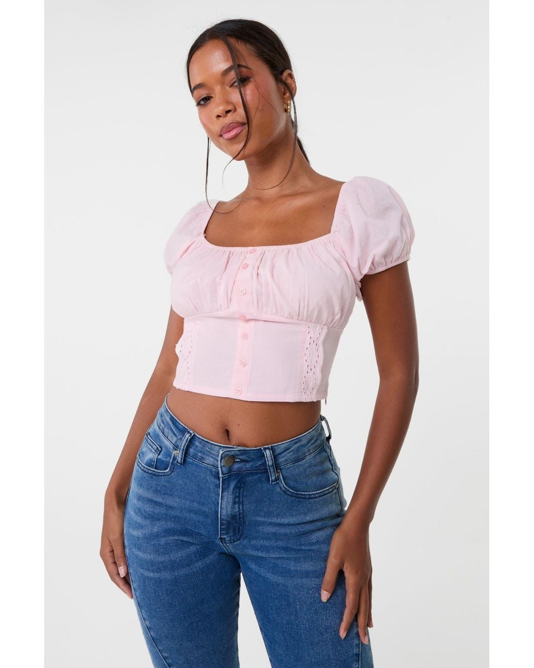 Pink Vanilla Blue Puff Sleeve Broderie Detail Top