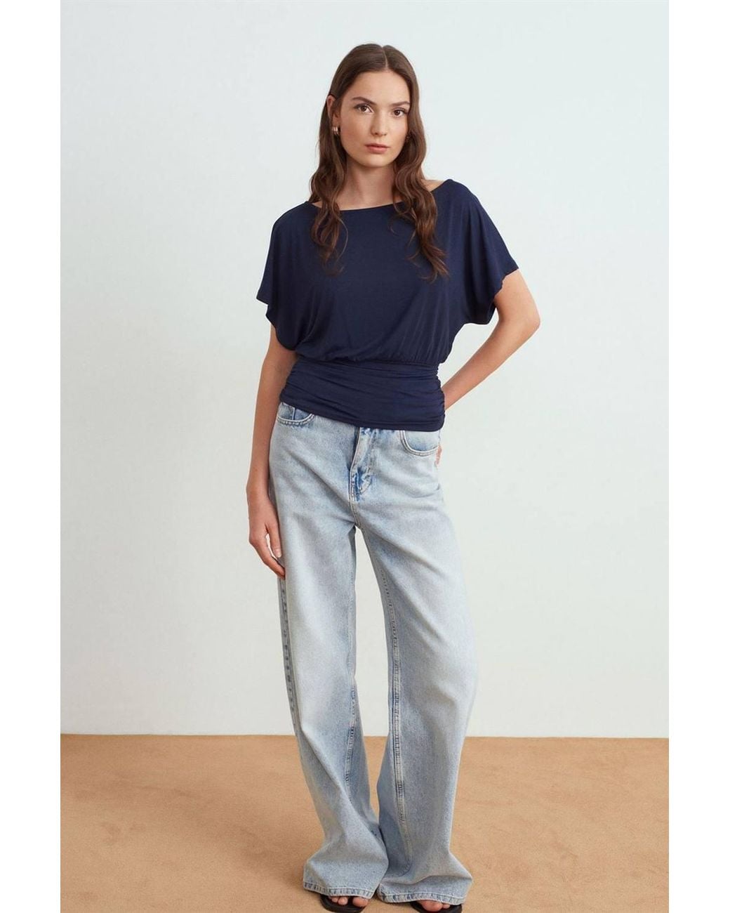 Dilvin Blue Modal Blend Cut-Out Crew Neck Blouse