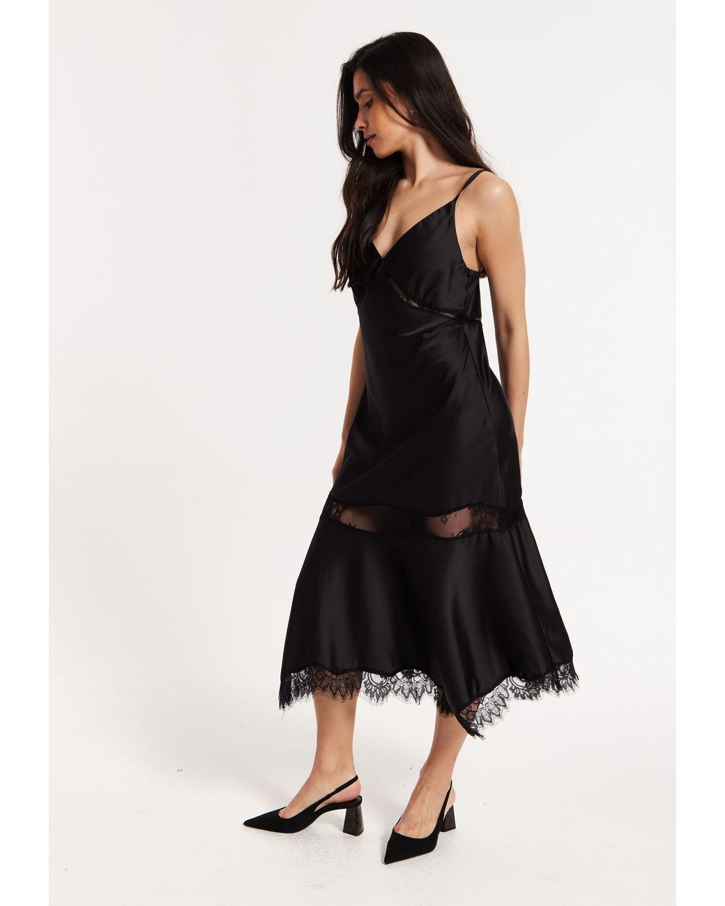 Liquorish Black Satin Lace Midi Slip Dress