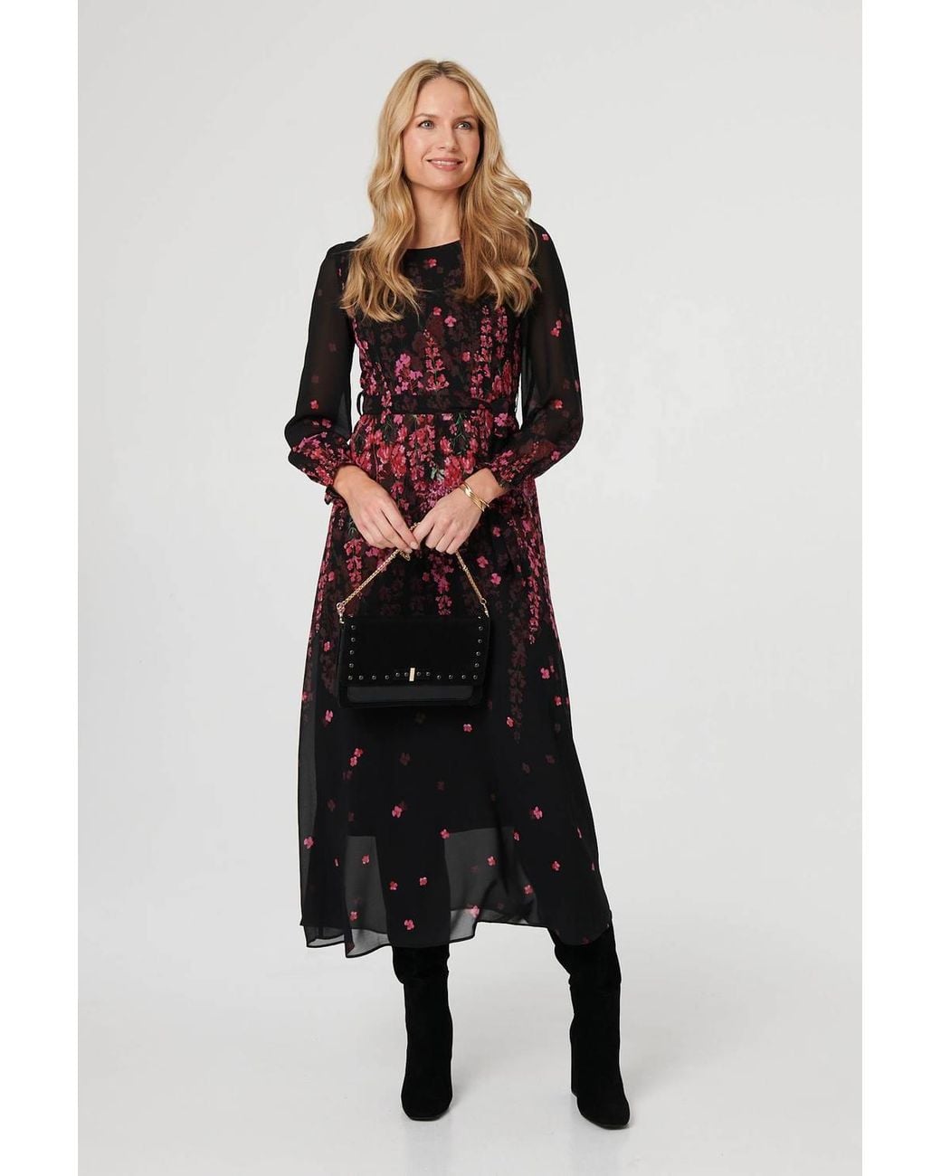 Izabel London Black Floral Tie Waist Sheer Layer Maxi Dress