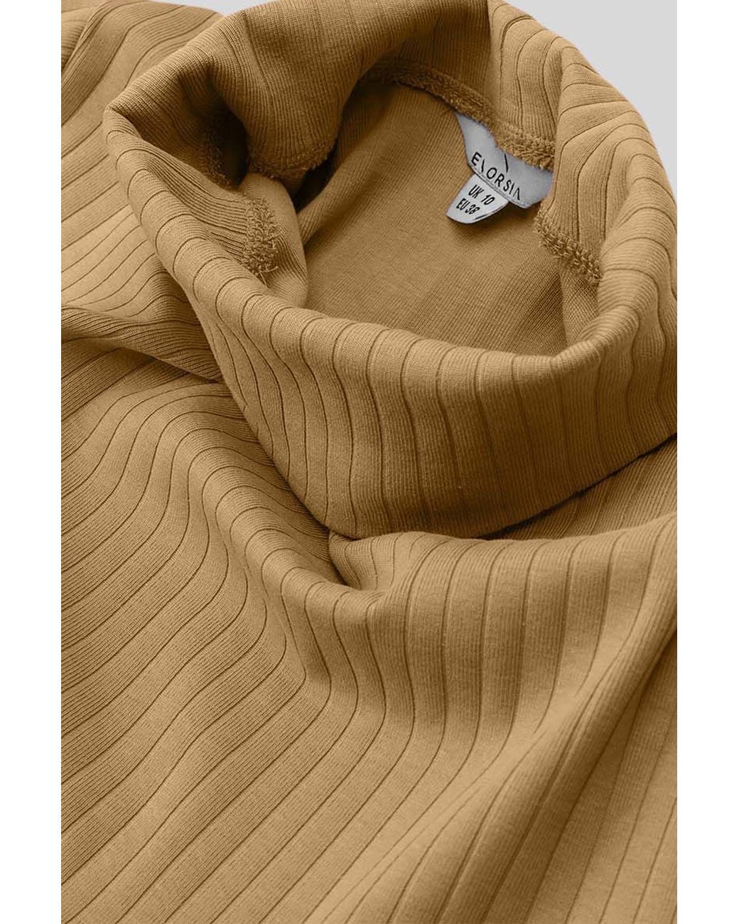 Enorsia Natural Ribbed Roll Neck Long Sleeve Mini Dress