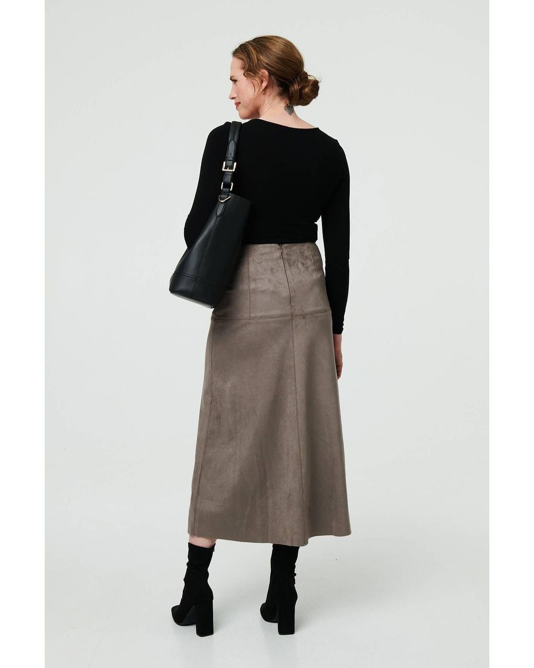 Izabel London Gray Faux Suede A-Line High Waist Midi Skirt