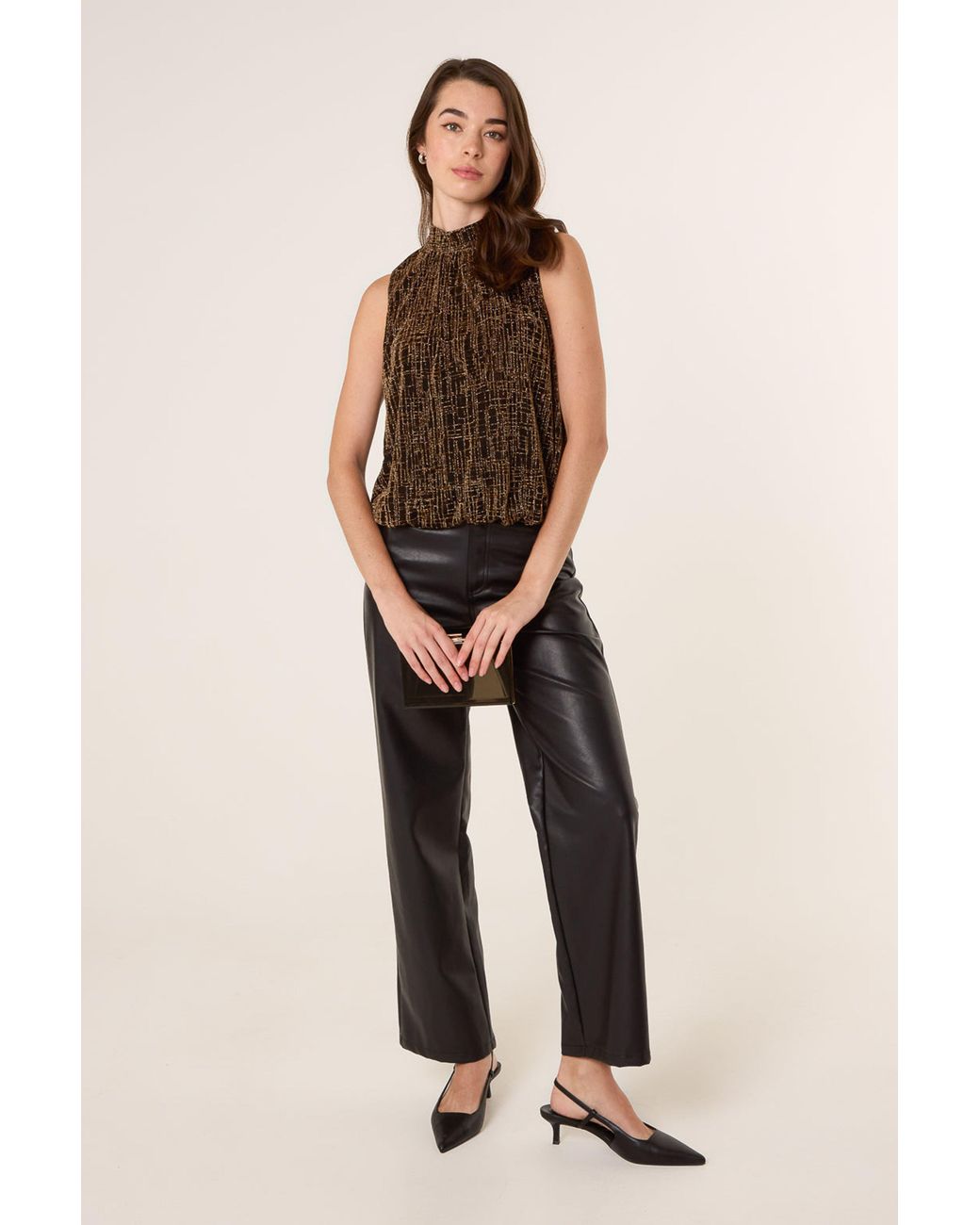 Blue Vanilla Black Sleeveless Belted Turtleneck Blouse