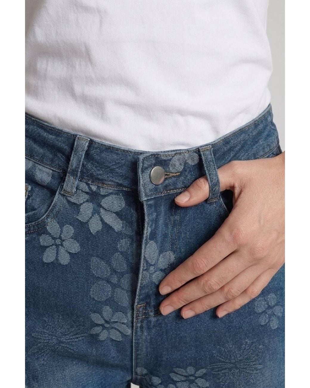 Izabel London Blue Floral High Waist Wide Leg Jeans
