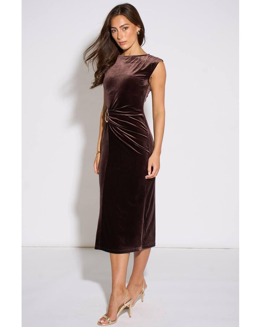 Gini London Brown Velour Hardware Detail Midi Dress