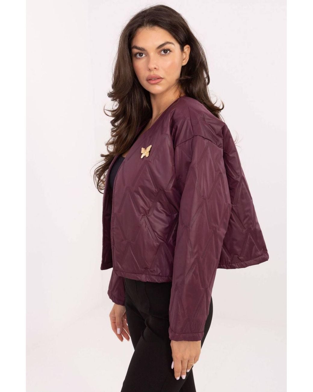 Love Lace Purple Collarless Lightweight Quilted Jacket With Brooch