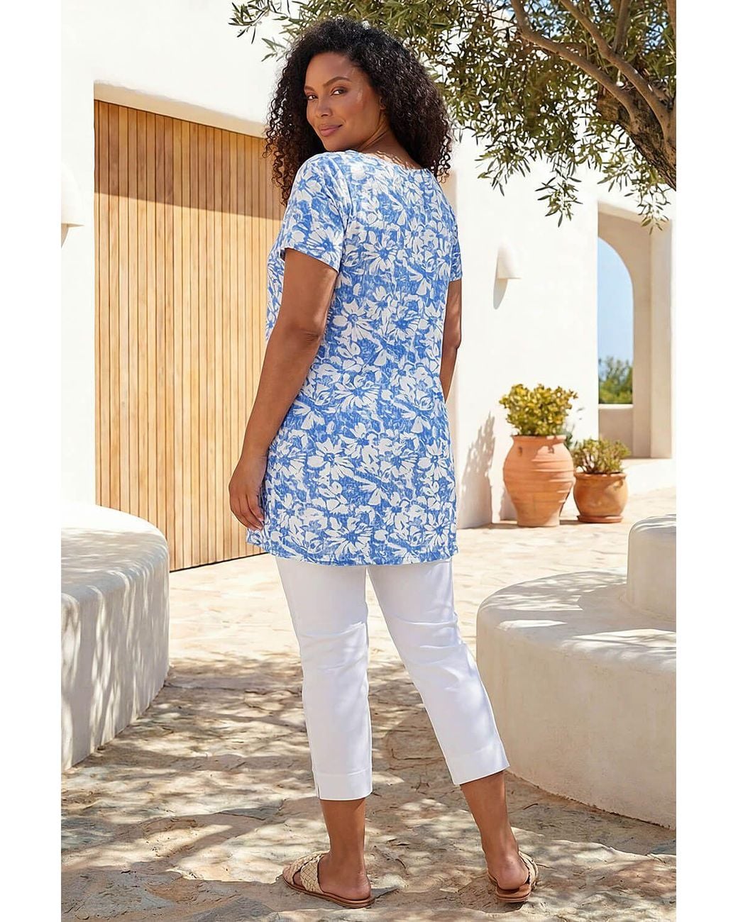 Roman Blue Curve Bardot Floral Stretch Top