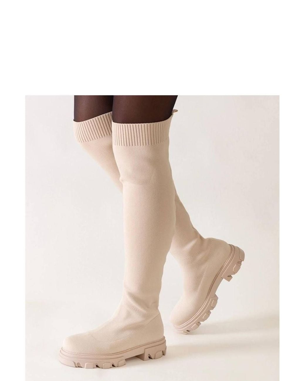 Love Lace Natural Long Insulated Slip On Heel Boots With Rubber Grip Round Toe