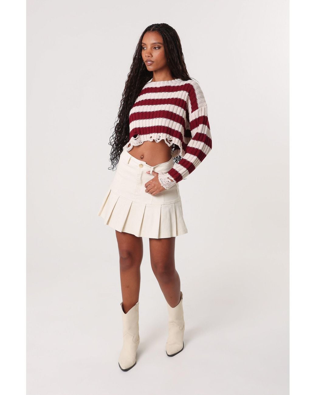 Pink Vanilla Red Distressed Striped Crop Knit Jumper