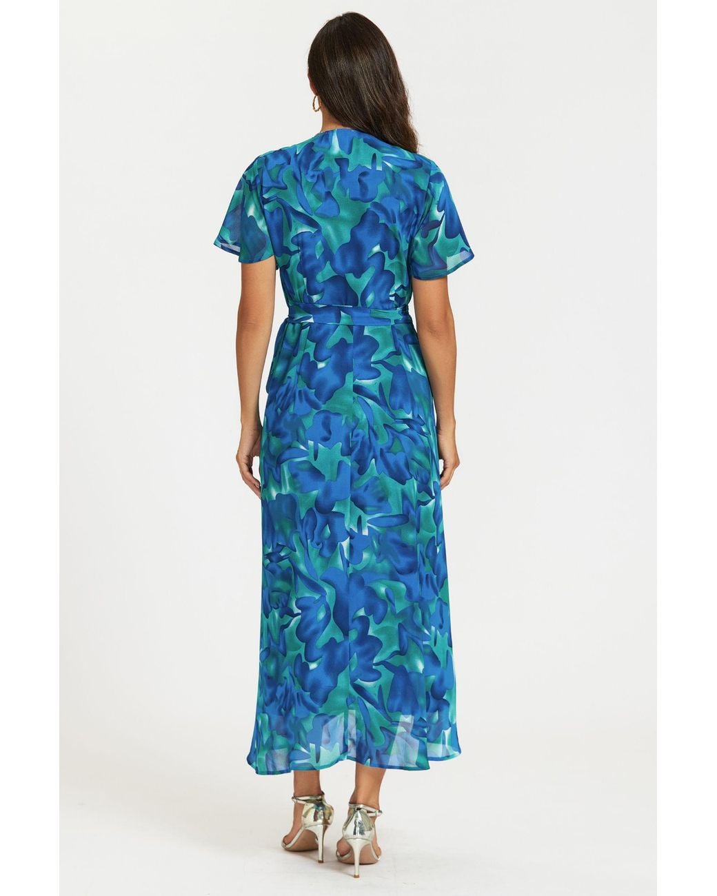 FS Collection Blue Abstract Floral Print Wrap Maxi Dress