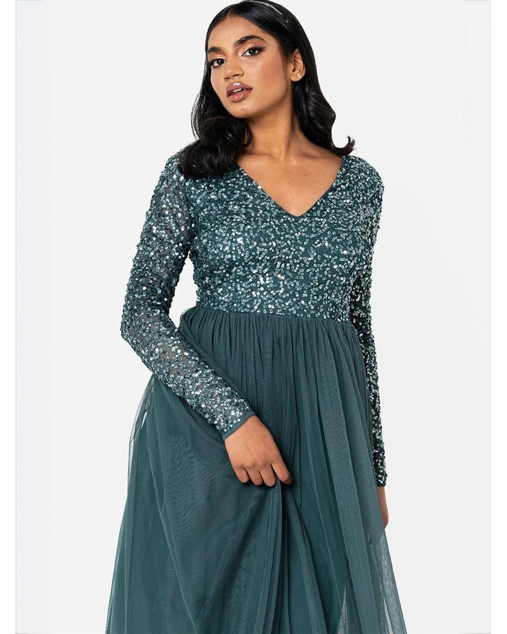 Maya Deluxe Blue V Neck Embellished Long Sleeve Maxi Dress