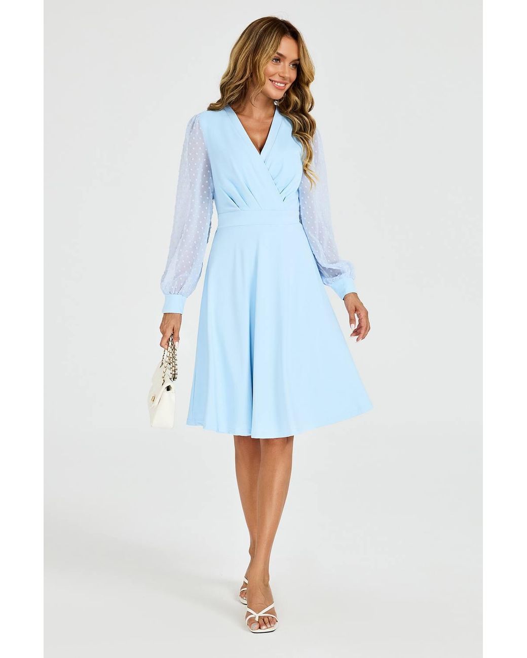 FS Collection Blue V Neck Midi Dress With Sheer Long Sleeve