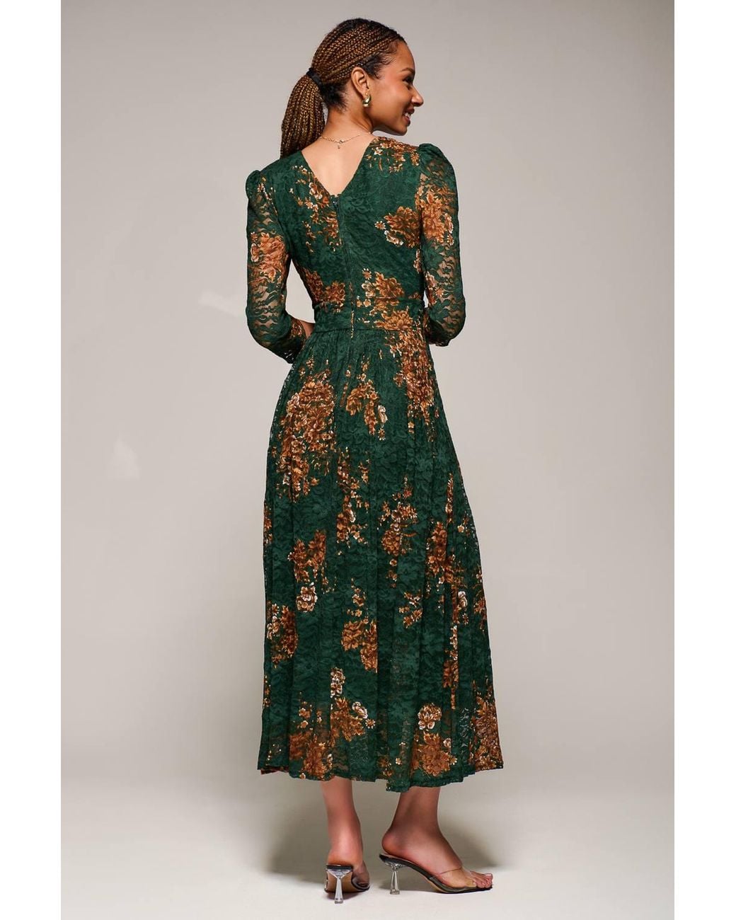 Jolie Moi Green Three Quarter Sleeve Printed Lace Maxi Dress
