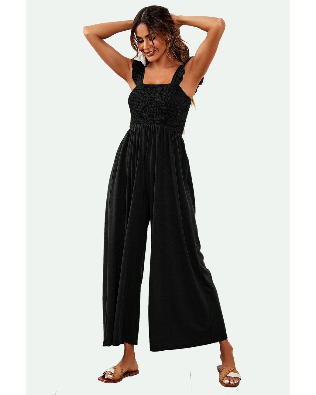 FS Collection Black Frill Detail Strappy Jumpsuit
