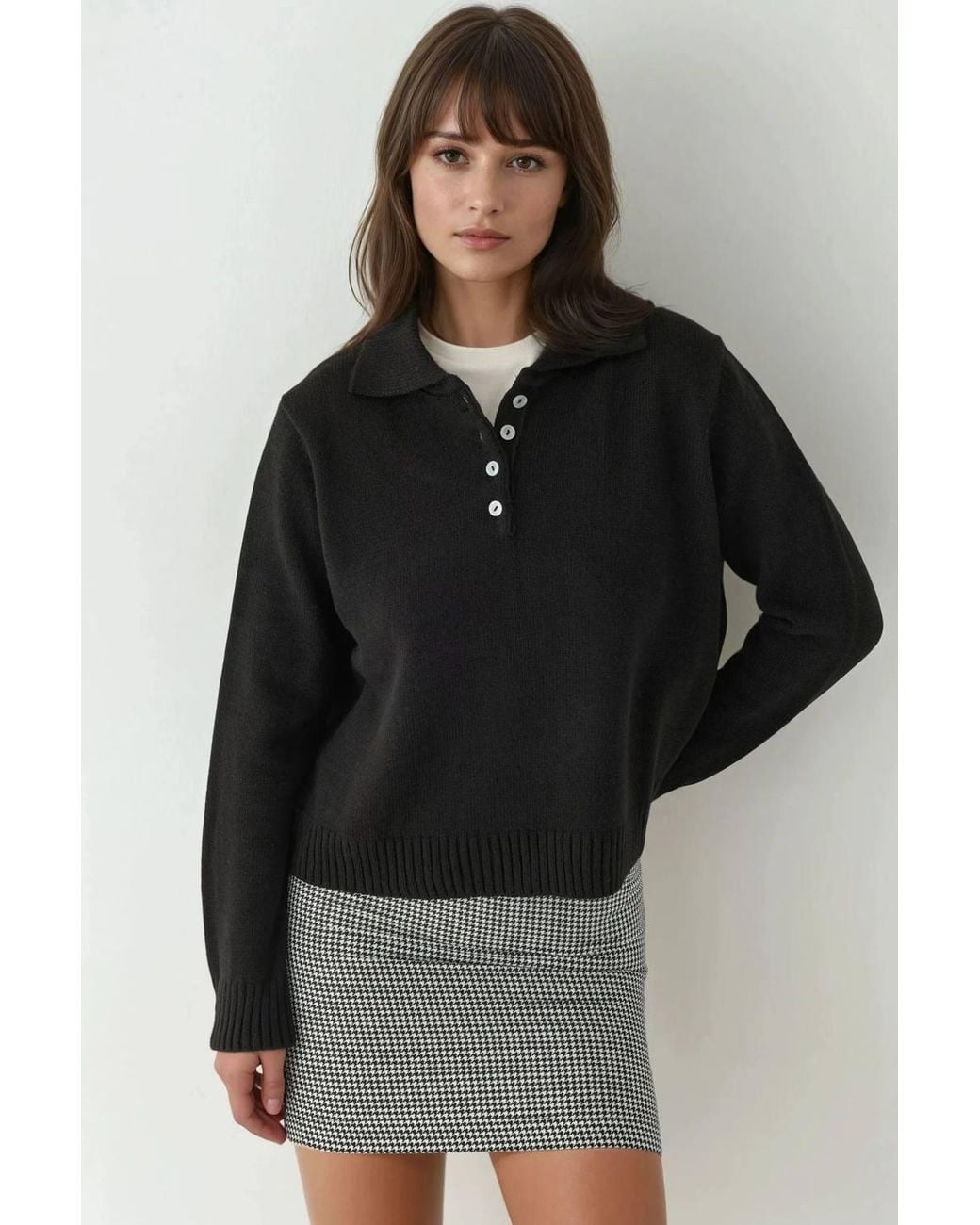 Hiccup Black Button Collar Relaxed Fit Sweater