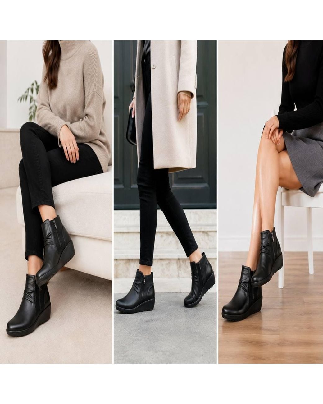 LARANGE Black Faux Leather Wedge Ankle Boots With Side Zip