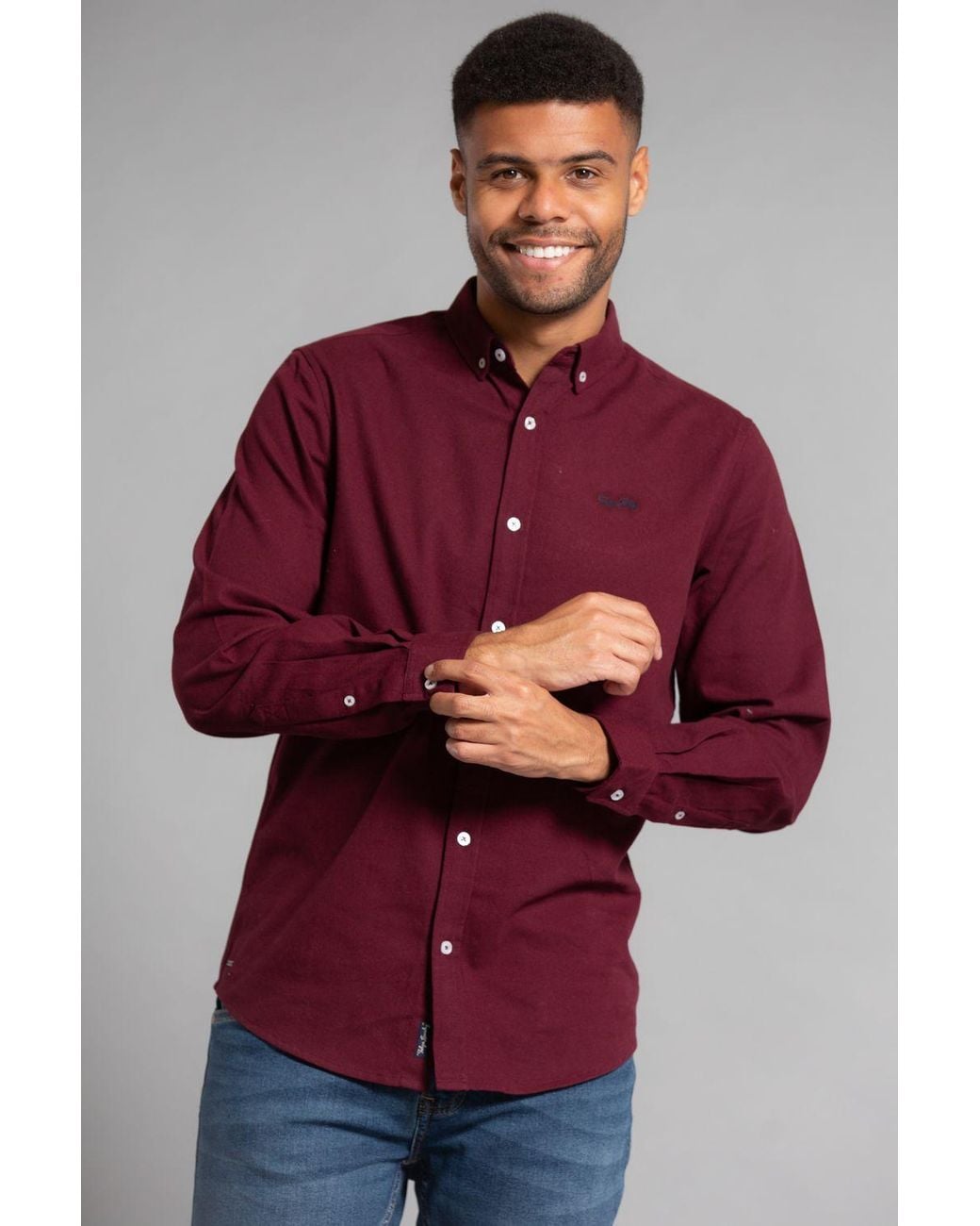 Tokyo Laundry Red Cotton Oxford Long Sleeve Shirt for men
