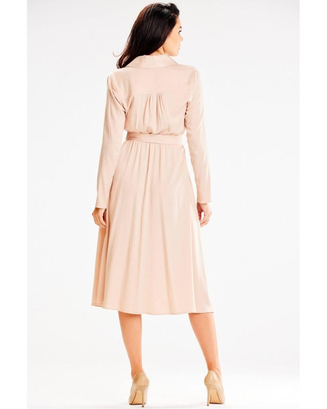 Love Lace Natural Viscose Collared Long Sleeve Fit & Flare Dress