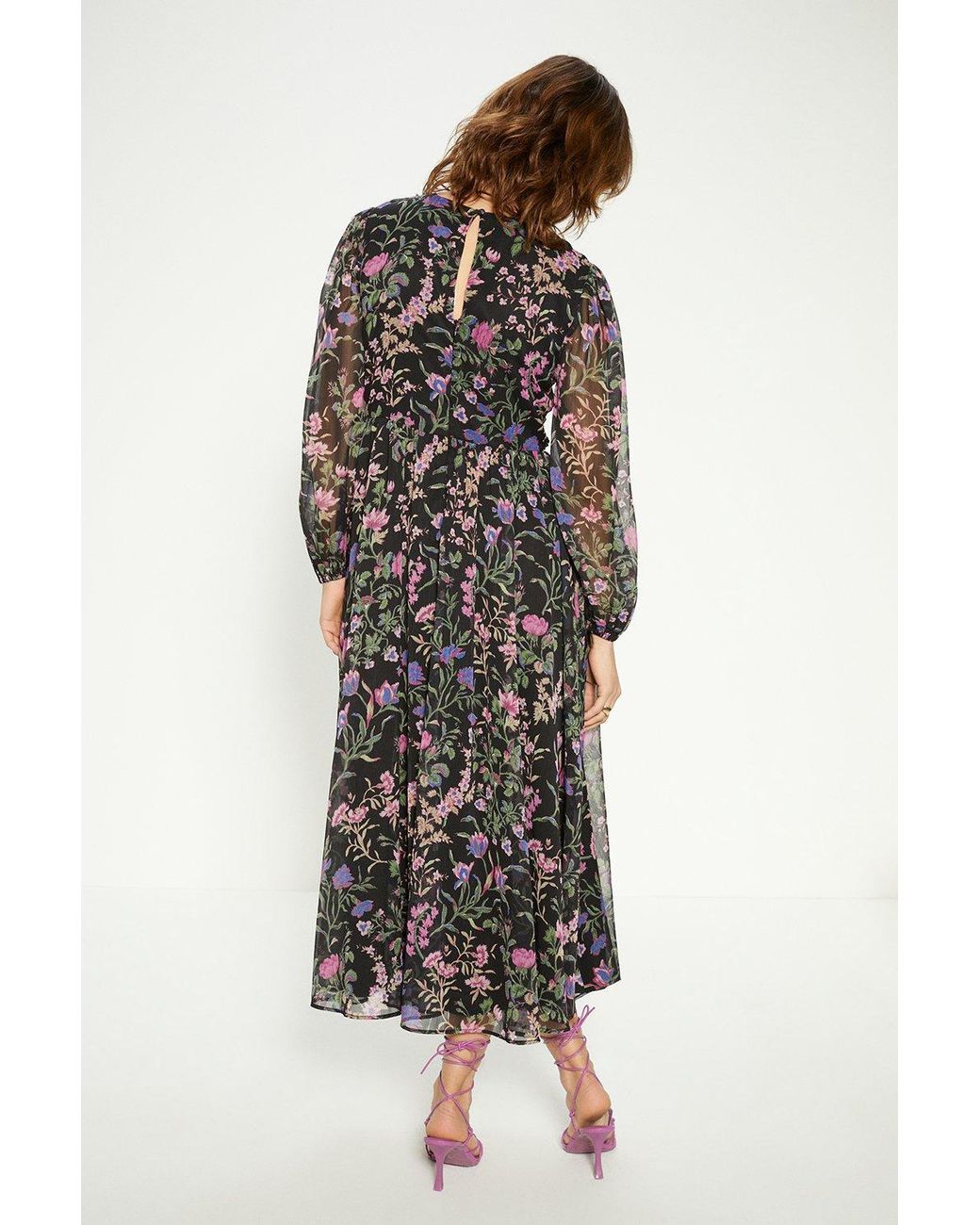 Oasis Floral Ruched Keyhole Chiffon Midi Dress in Black Lyst UK