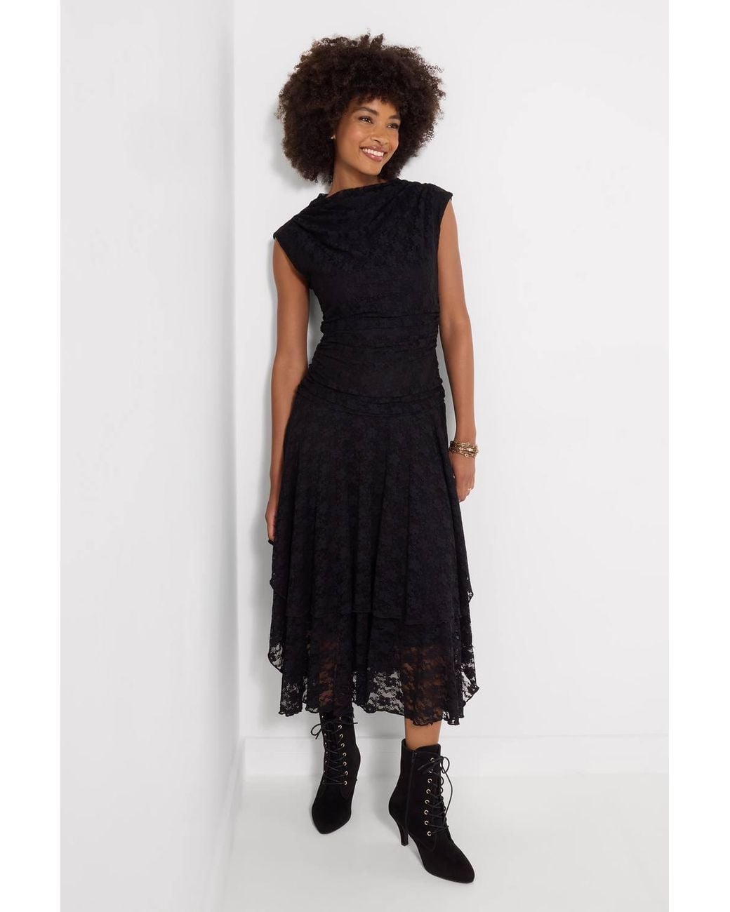 Joe Browns Black Elegant Lace Cowl Neck Dippy Hem Dress