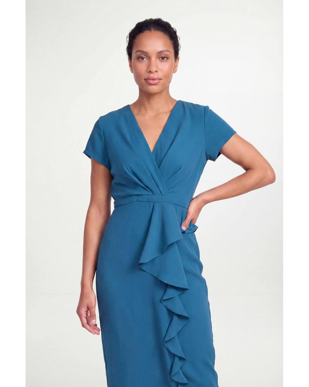 Wallis Blue Petite Tailored Crepe Ruffle Pencil Dress