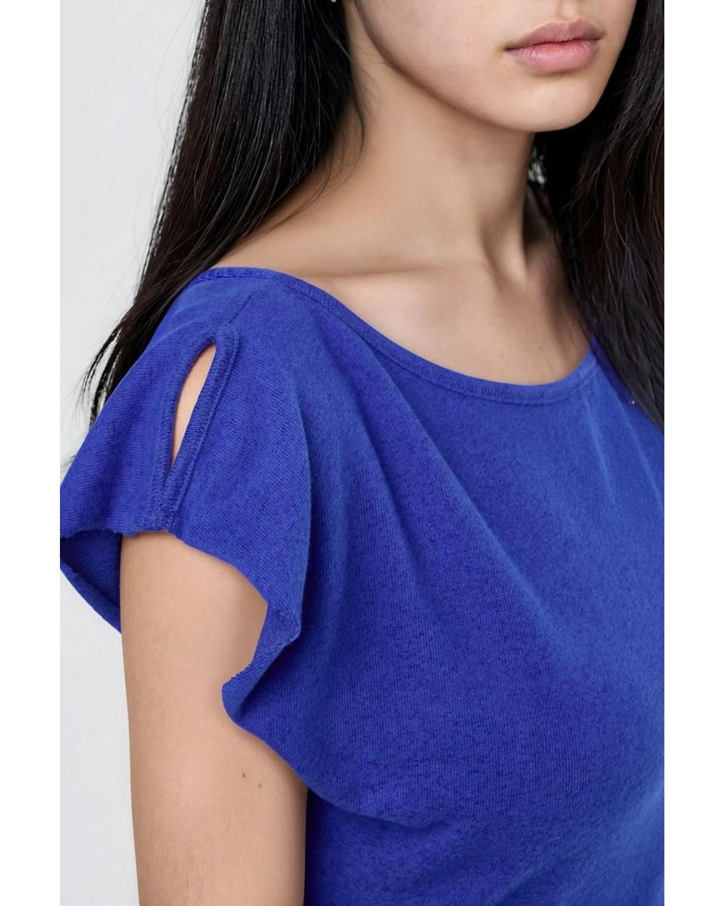 Busem Blue Boat Neck Ribbed Blouse
