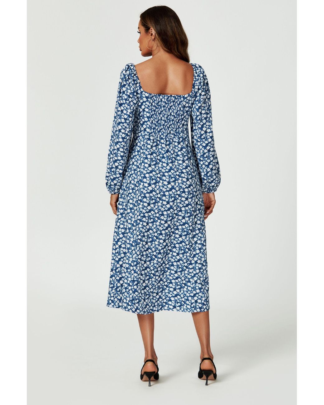 FS Collection Blue Floral Print Long Sleeve Heart Neckline Midi Dress