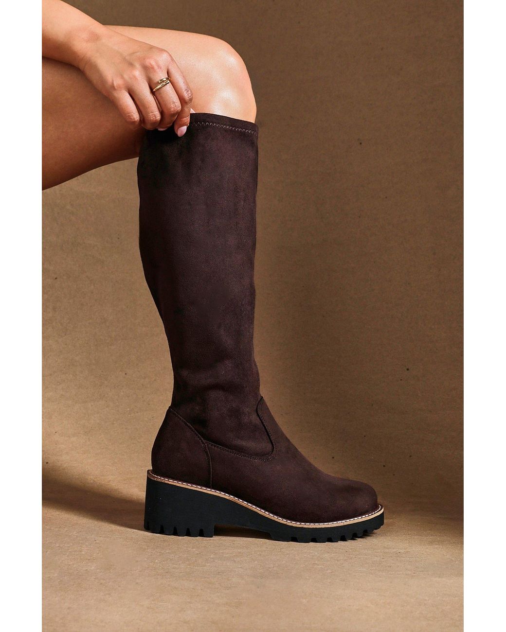 Linzi Black Maintain Wide Fit Faux Suede Stretch High Leg Wedge Boot