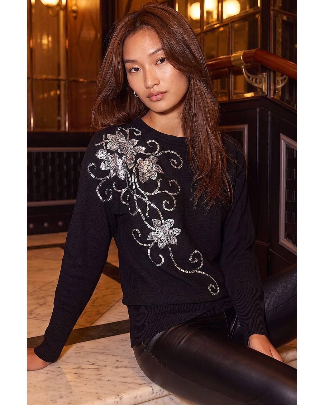 Roman Brown Sequin Floral Batwing Knit Jumper
