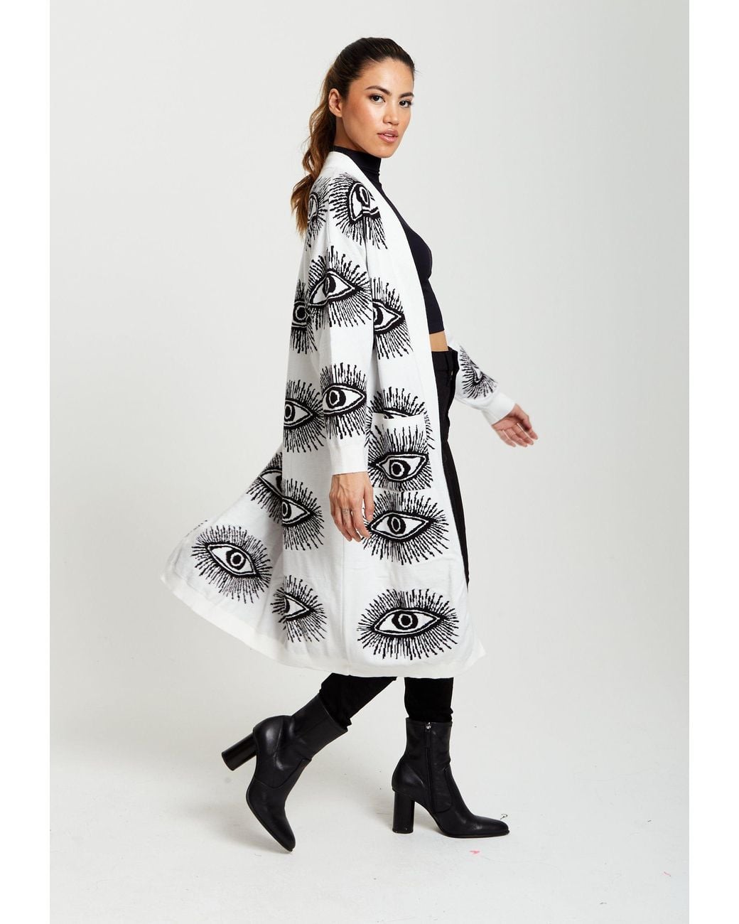 Liquorish Black Eye Pattern Longline Cardigan