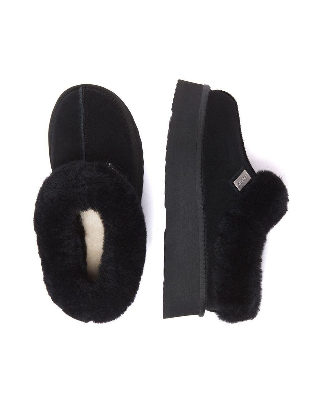 EverAu Australia Black Real Sheepskin Topknot Leather Platform Slippers With Eva Sole