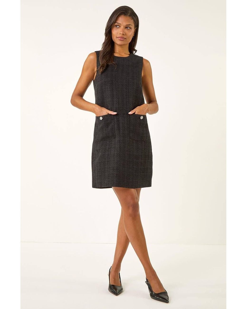 Roman Black Textured Pinafore Pocket Dress