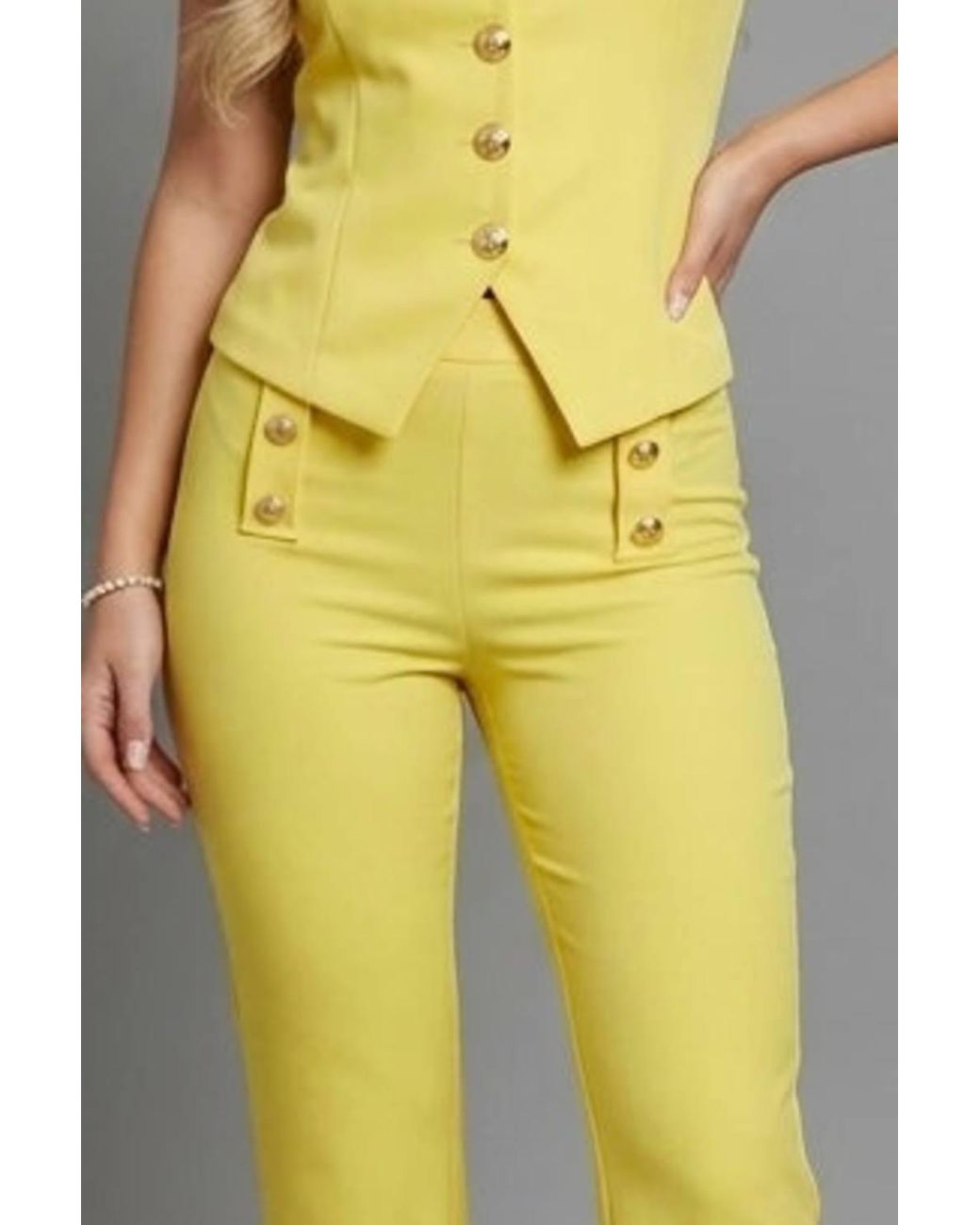 Stylewise Yellow Button Waistcoat Top & Wide Leg Trouser Co-Ord Set