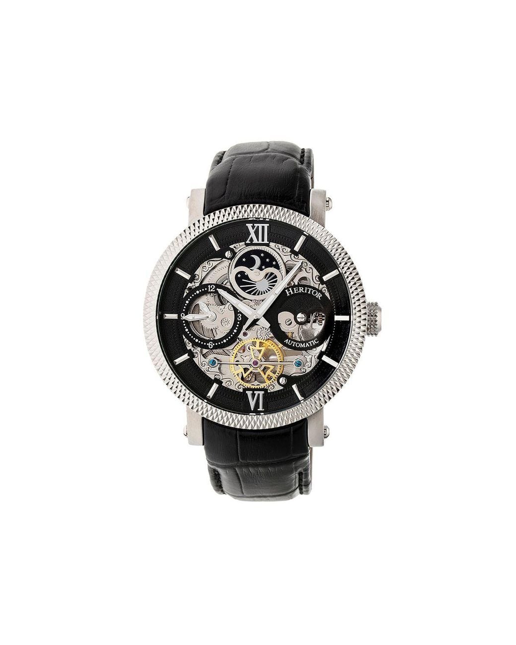 Heritor Black Aries Skeleton Leather-Band Watch for men