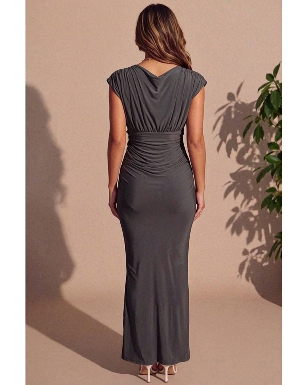 Femme Luxe Natural Slinky Plunge Shoulder Drape Waist Double Layer Maxi Dress