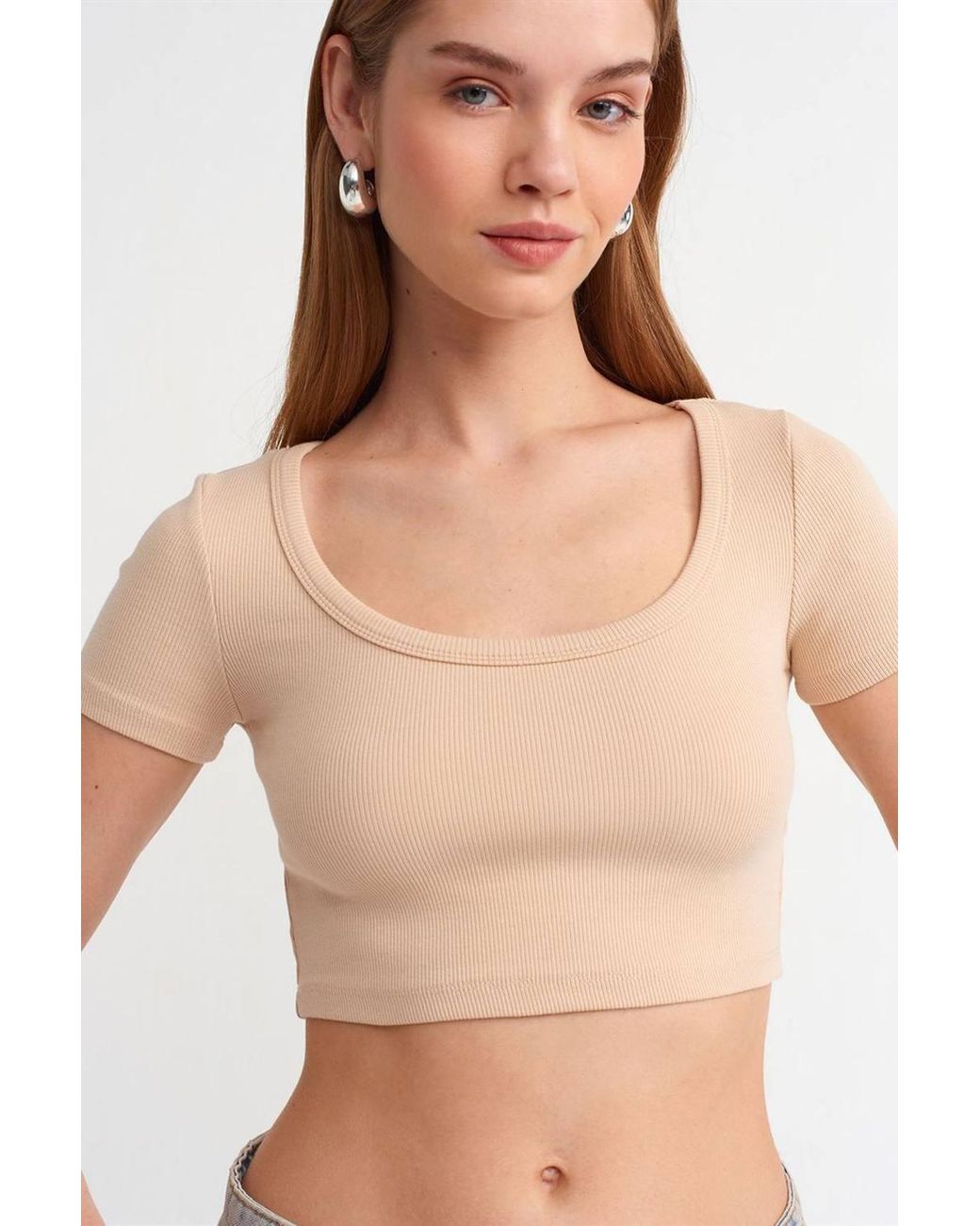 Dilvin Blue Ribbed Crop T-Shirt