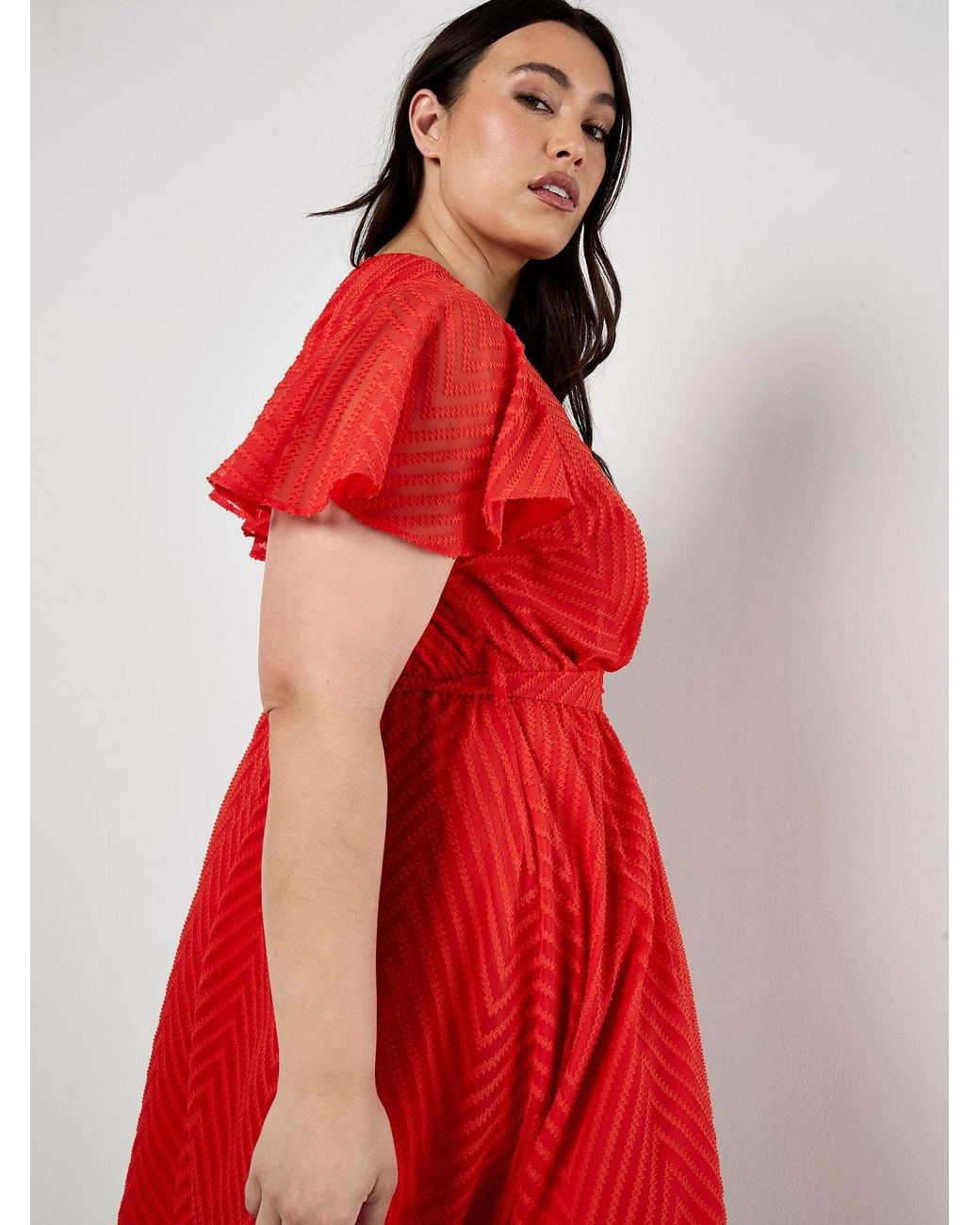Apricot Red Curve Jacquard Chevron Wrap Midi Dress