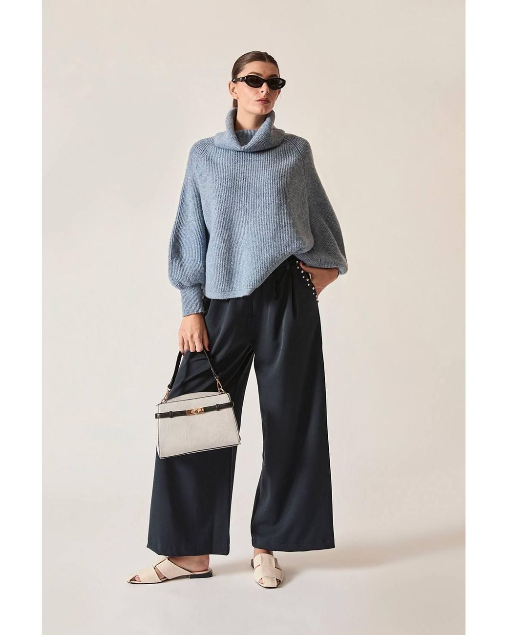 James Lakeland Blue Balloon Sleeve High Neck Jumper