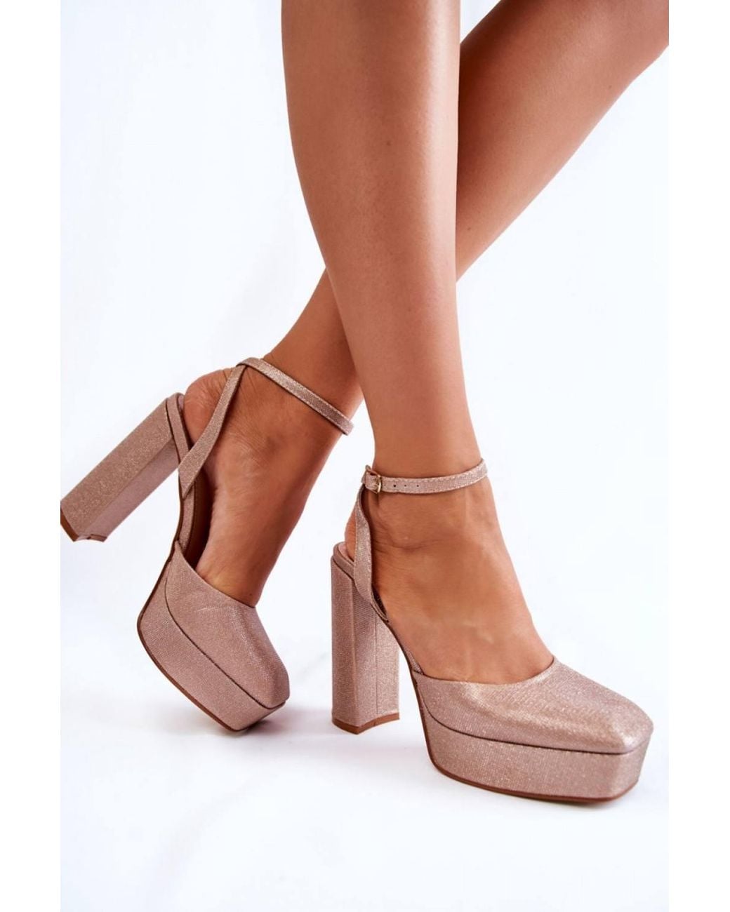 Love Lace Brown Glitter Ankle Buckle Block Heel Sandals Square Toe Party