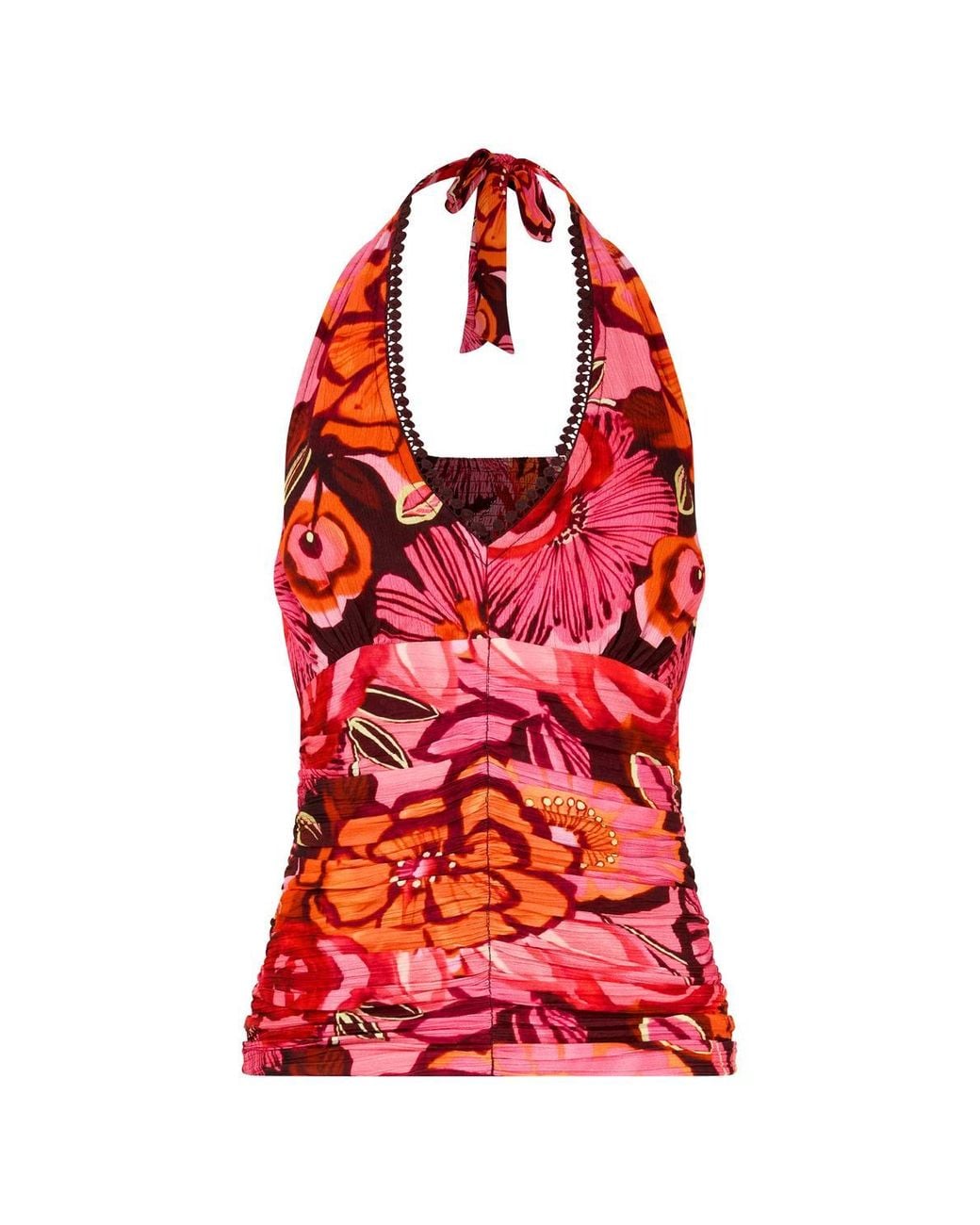 Joe Browns White Floral Halter Top With Pompom Trim & Shirred Back