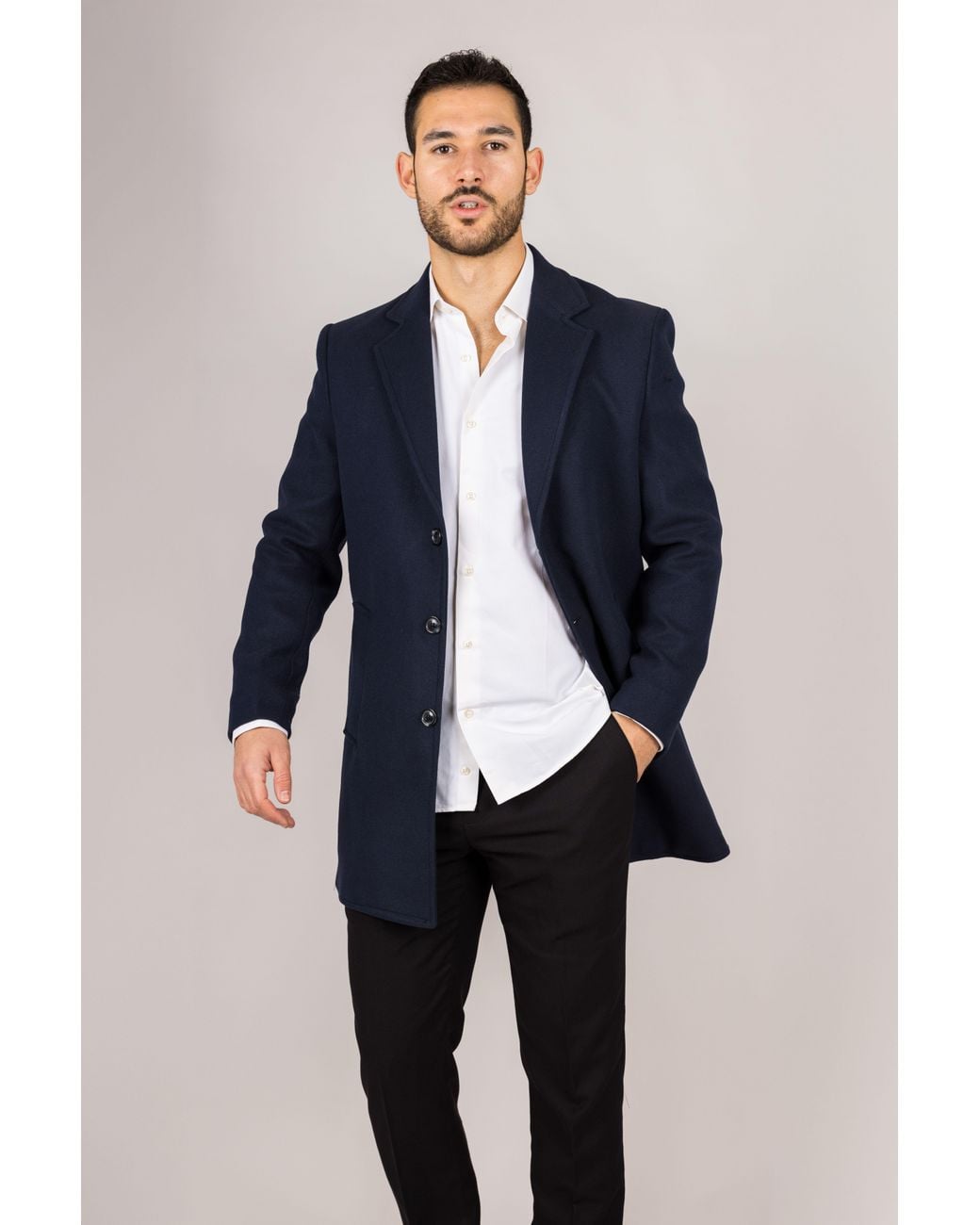 Infinity Leather Blue Notched Lapel Collar Wool Blend Overcoat for men